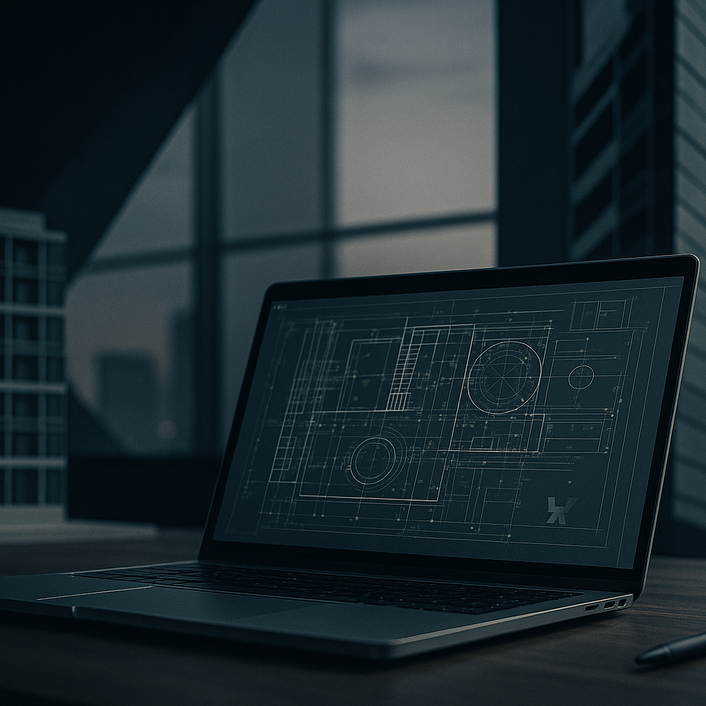 H23 Projektmenedzsment – az ötlettől a megvalósításig Laptopon megjelenített műszaki tervrajz egy modern irodában, projektmenedzsment és tervezés szimbolikus ábrázolása.